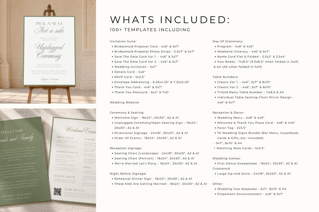 Sage green wedding stationery mega bundle contents guide showing 100 plus matching templates, with printable wedding signage and coordinated day of stationery for an old money wedding.