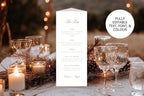 Editable trifold wedding menu template displayed on a candlelit reception table with crystal glassware, with a badge highlighting fully editable text, font and colour for personalised wedding stationery.