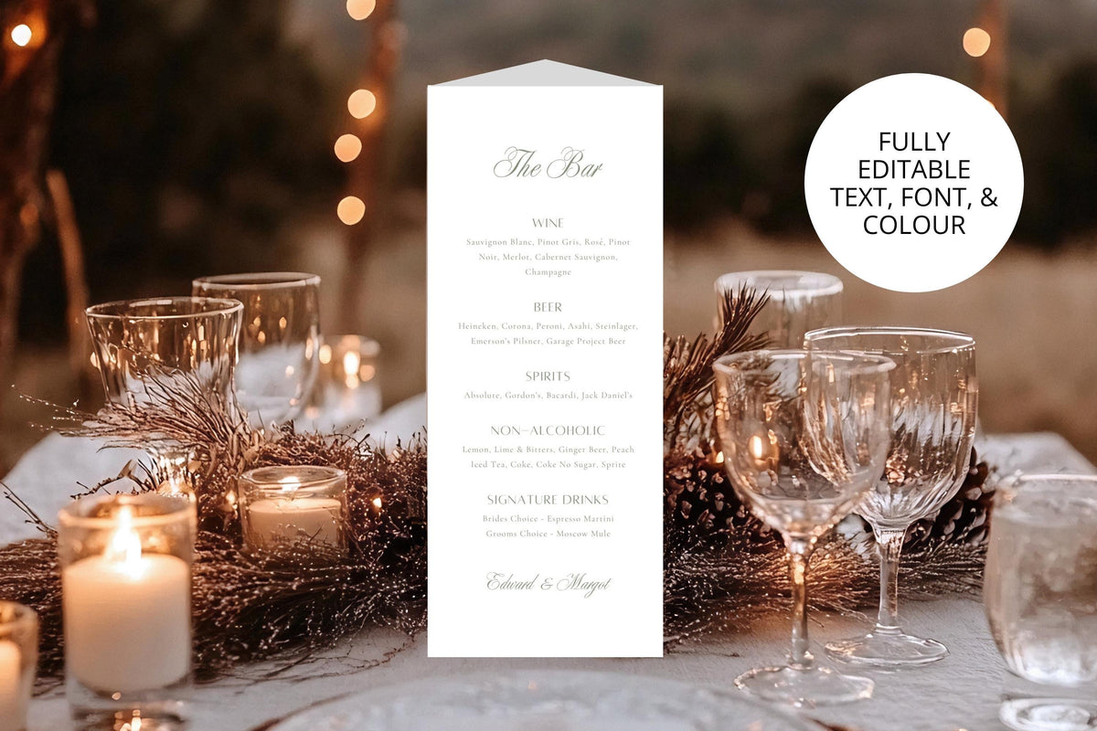 Editable trifold wedding menu template displayed on a candlelit reception table with crystal glassware, with a badge highlighting fully editable text, font and colour for personalised wedding stationery.