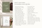 What’s included in the 70 wedding signs bundle shown beside sage green wedding sign examples, with a list of editable reception signage and wedding day details.