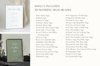 Editable sage green wedding signs bundle contents displayed with sample signs and a list of matching wedding reception signs for an elegant, coordinated celebration.