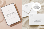 Editable save the date wedding template with matching invitation suite, minimalist black and white wedding stationery Canva template download