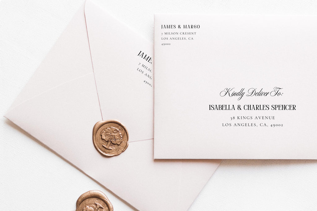 Elegant blush wedding envelope addressing template with wax seal, editable Canva old money script address design, printable wedding envelope addressing for invitations.