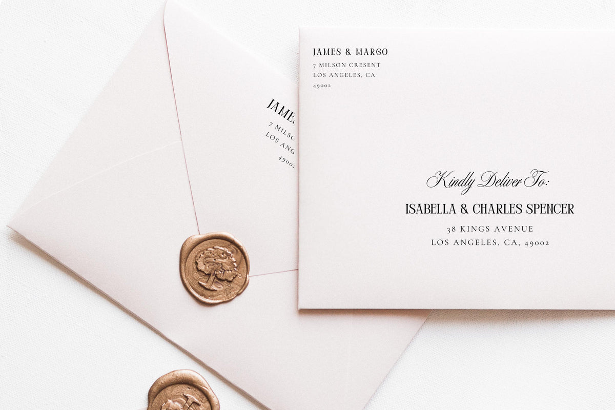 Elegant blush wedding envelope addressing template with wax seal, editable Canva old money script address design, printable wedding envelope addressing for invitations.