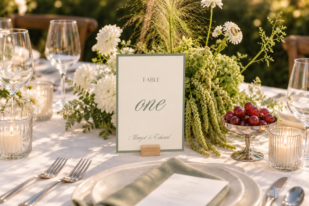 Sage green wedding table number template with elegant script and a fine green border, displayed among white flowers, crystal glassware and ivory linens for an old money garden wedding reception.