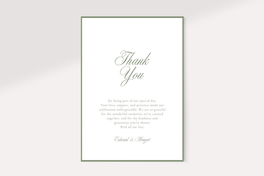 Minimalist sage green wedding thank you card with romantic script lettering, a centred appreciation message and couple’s names, framed by a fine green printed border on a white background.