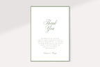 Minimalist sage green wedding thank you card with romantic script lettering, a centred appreciation message and couple’s names, framed by a fine green printed border on a white background.