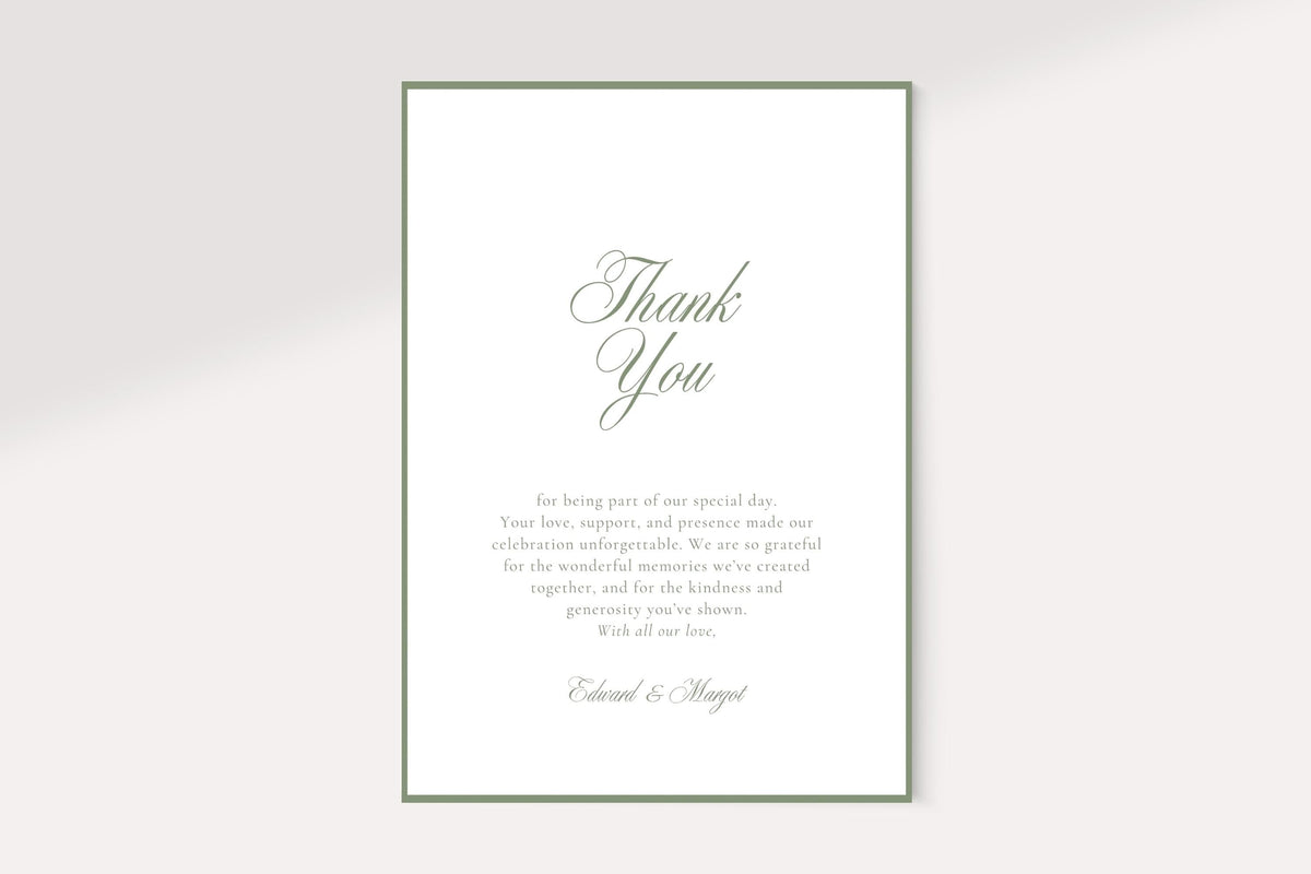 Minimalist sage green wedding thank you card with romantic script lettering, a centred appreciation message and couple’s names, framed by a fine green printed border on a white background.