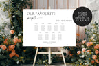 Editable wedding table chart with 6 layout options, Our Favourite People Canva template, displayed at floral wedding setup, A1 A2 format.