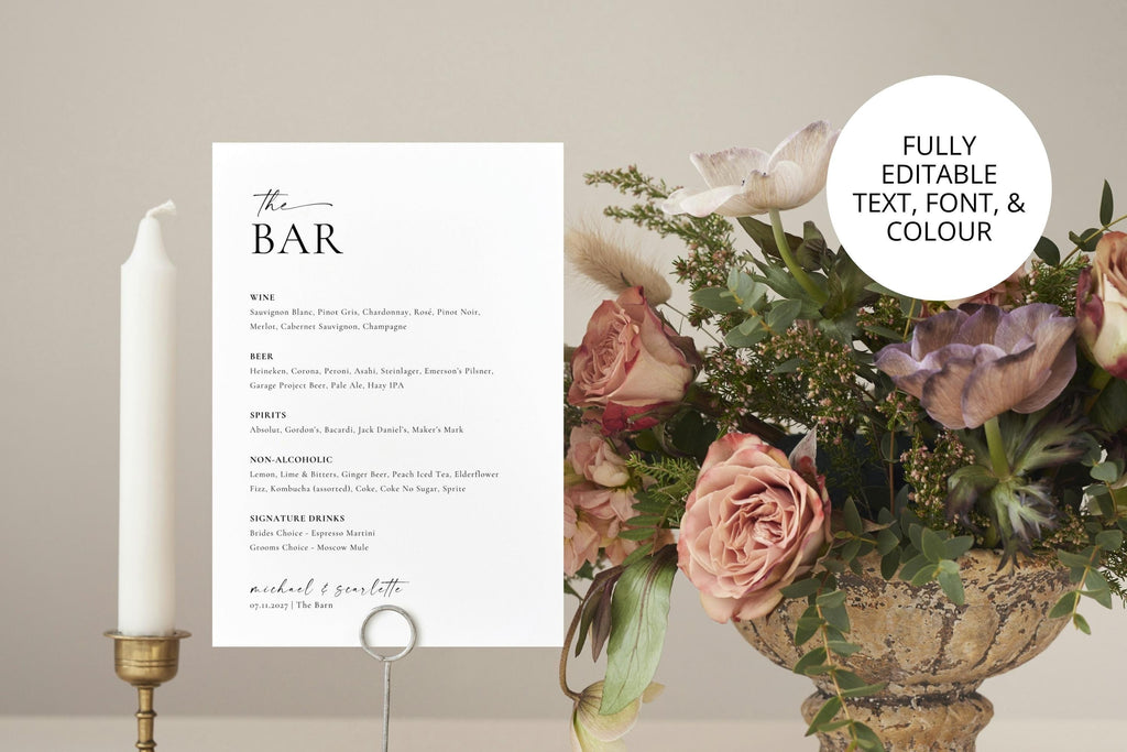 Editable wedding bar menu sign with floral decor, fully customizable Canva template for signature drinks, beer, wine, and spirits