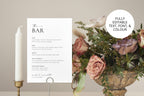 Editable wedding bar menu sign with floral decor, fully customizable Canva template for signature drinks, beer, wine, and spirits
