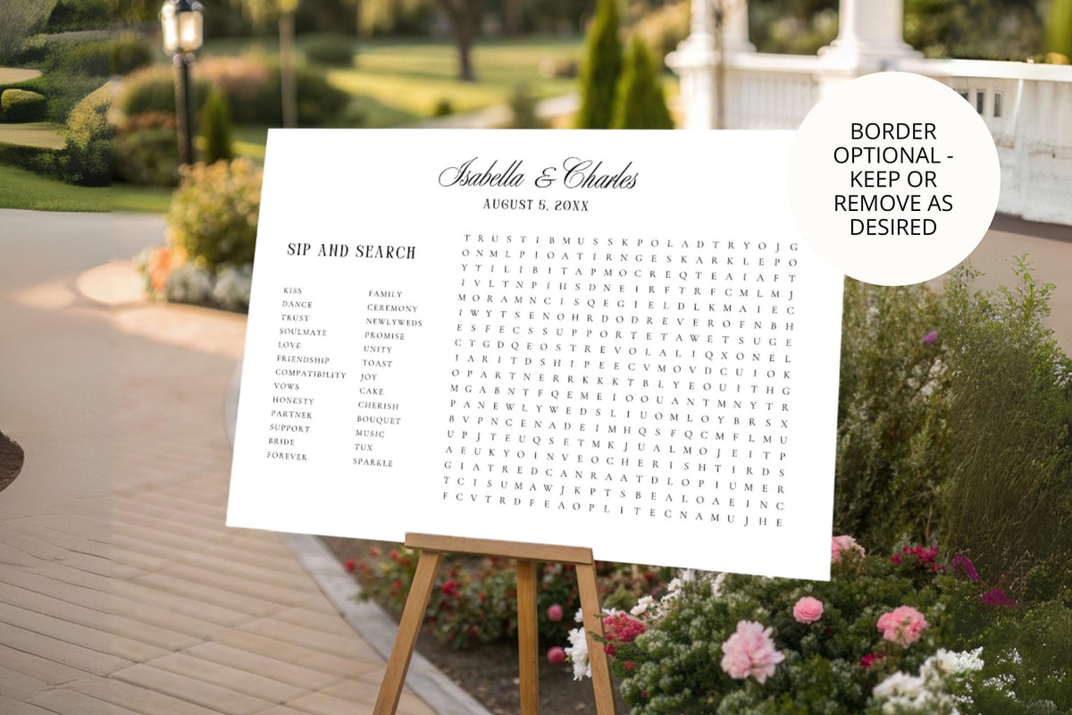 Large Wedding Word Search Poster, Sip and Search Wedding Reception Sign, Interactive Wedding Guest Game, Elegant Printable Wedding Activity, A1 Canva Template