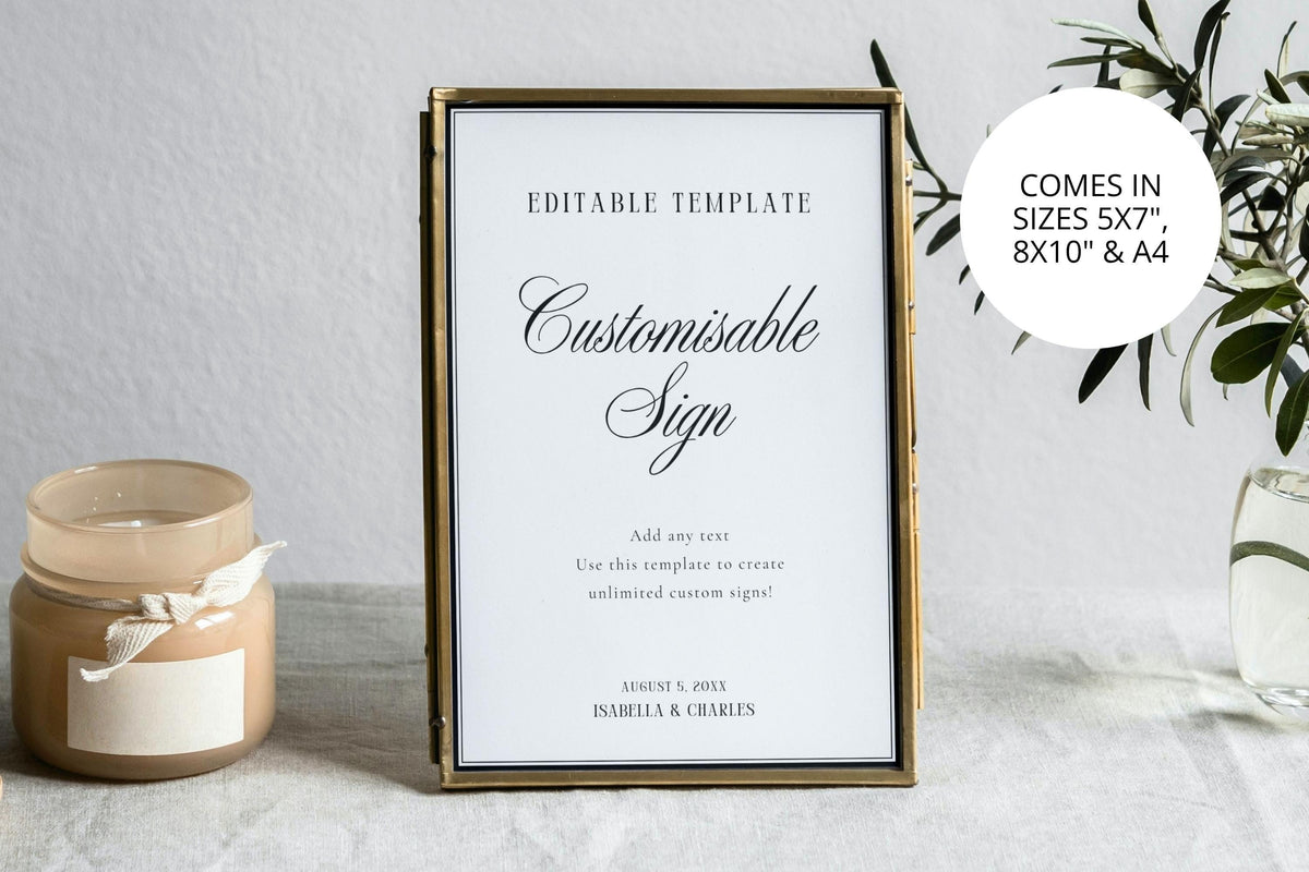 Editable wedding sign template showing multiple printable sizes, customizable wedding welcome sign Canva template, editable wedding signage, instant download wedding printable