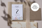 Editable floral wedding table numbers, printable wildflower table card template styled with neutral stationery, DIY rustic boho wedding decor sign.