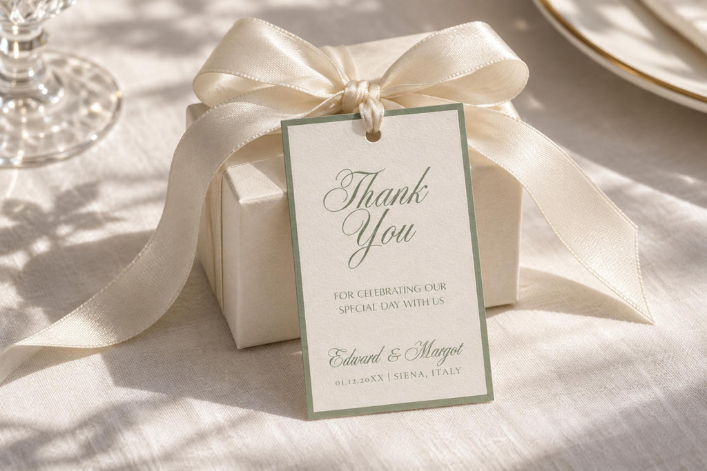 Old money wedding favour tag with sage green border and elegant thank you script, tied to an ivory gift box with satin ribbon, styled on textured linen in natural sunlight.