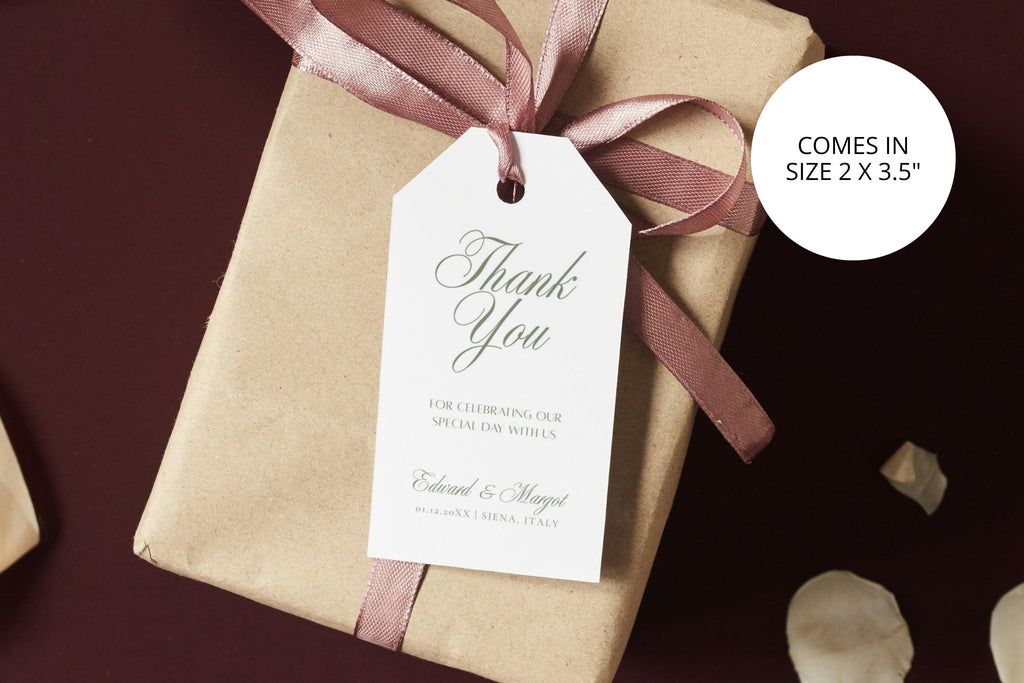 Personalised wedding favour tag in 2 x 3.5 inch size, featuring an ivory background, sage green lettering and elegant thank you script, attached to a kraft gift bag with dusky pink ribbon.