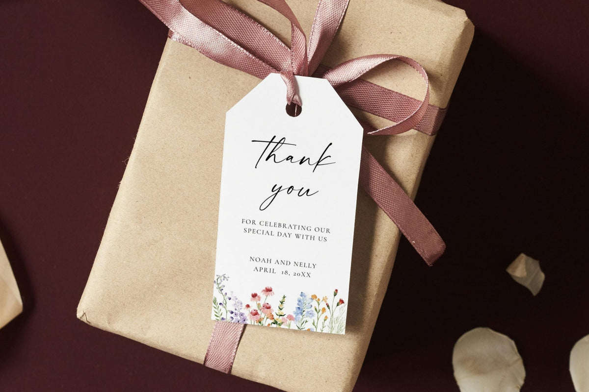 Editable floral wedding thank you favor tag template with ribbon, Canva printable wildflower tag for bridal shower or wedding favors