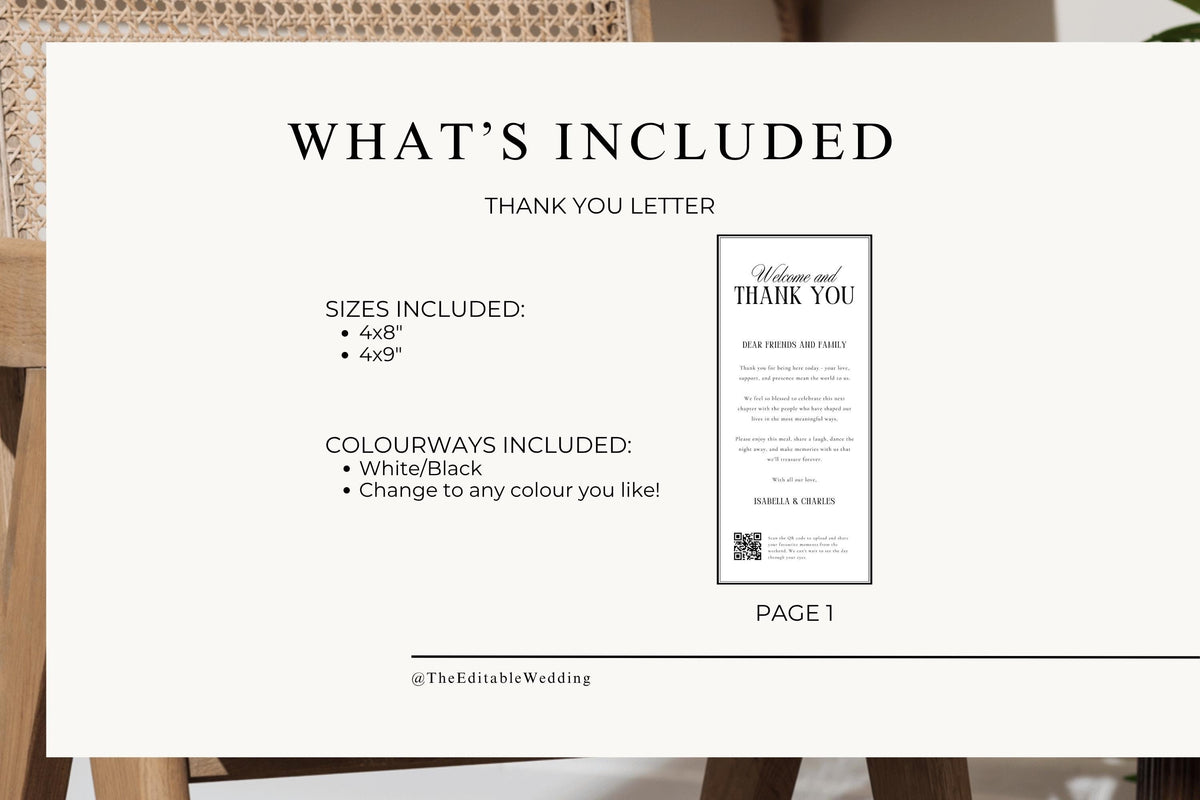 Wedding thank you letter template bundle includes multiple sizes, editable Canva wedding thank you printable, wedding guest letter template, instant download wedding stationery, fully editable wedding reception sign template