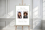 Editable sage green “These Kids Are Getting Married” sign with two couple photos on an easel in a classic white wedding venue, personalised wedding signage mockup.