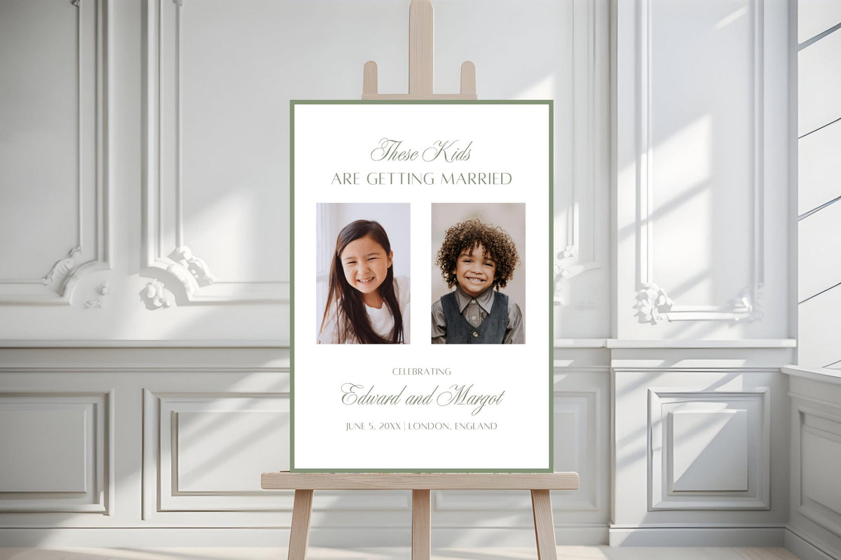 Editable sage green “These Kids Are Getting Married” sign with two couple photos on an easel in a classic white wedding venue, personalised wedding signage mockup.