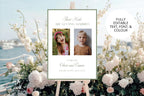 Personalised sage green wedding sign with two photos displayed among white flowers beside the sea, editable “These Kids Are Getting Married” design with custom text, font and colour.