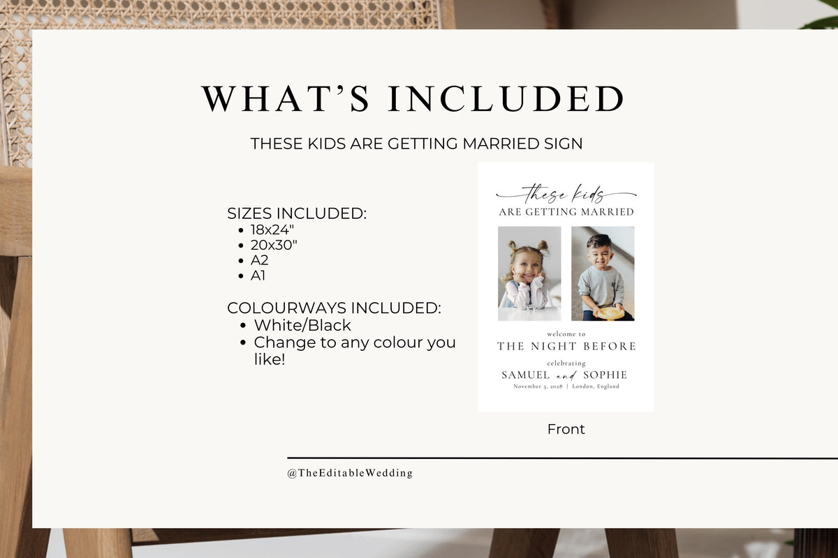 What’s included with These Kids Are Getting Married sign template, printable Canva wedding welcome sign sizes 18x24, 20x30, A2 and A1, editable text and colors