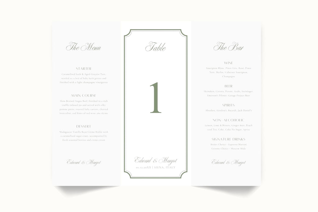 Sage green trifold wedding menu, table number and bar menu template shown unfolded on a white background, featuring elegant script headings, a decorative border and coordinated three-panel reception stationery.