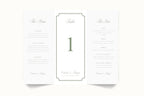 Sage green trifold wedding menu, table number and bar menu template shown unfolded on a white background, featuring elegant script headings, a decorative border and coordinated three-panel reception stationery.