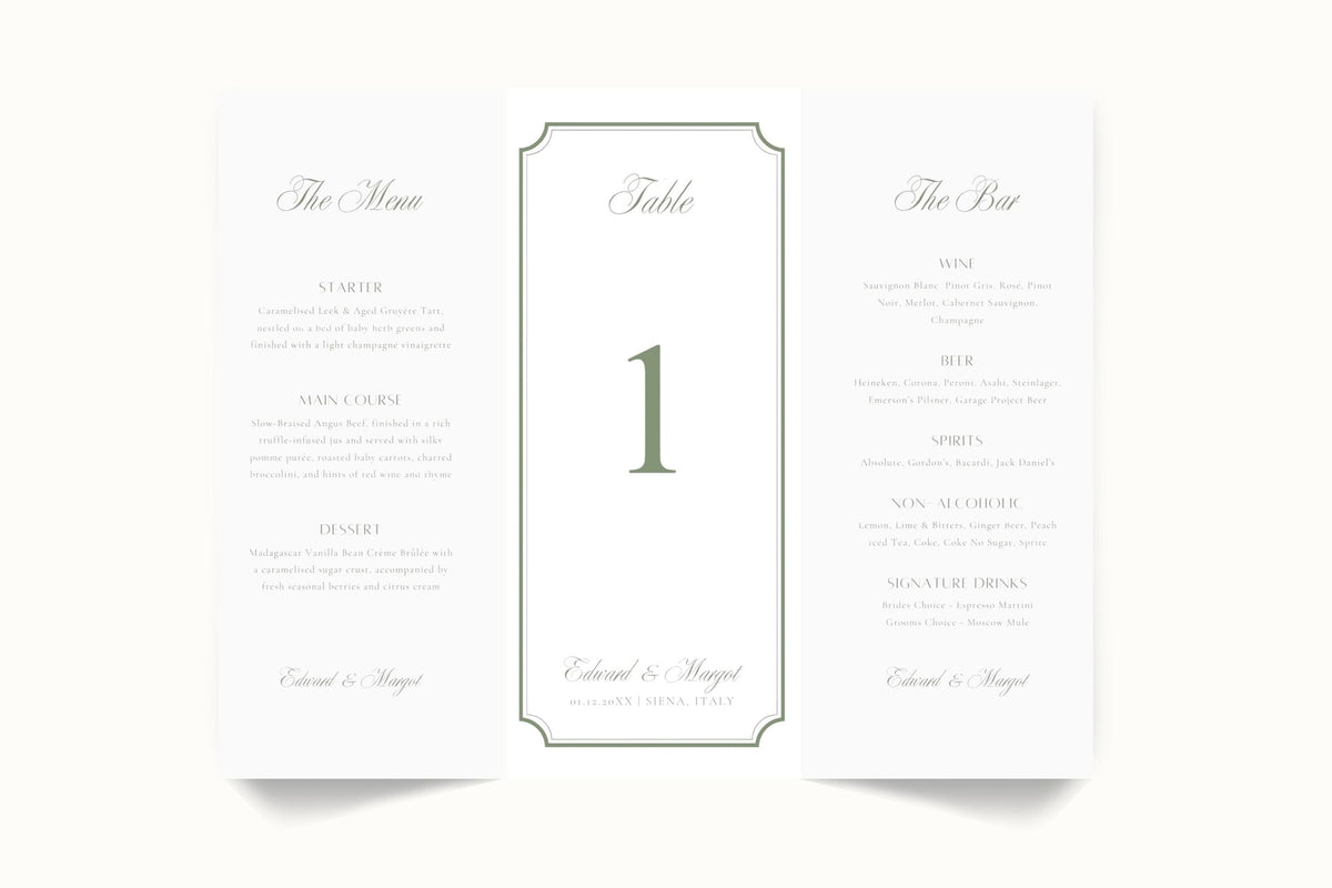 Sage green trifold wedding menu, table number and bar menu template shown unfolded on a white background, featuring elegant script headings, a decorative border and coordinated three-panel reception stationery.