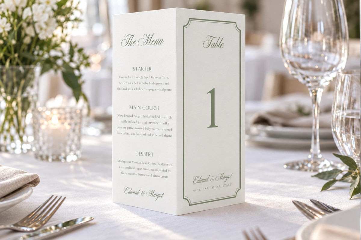 Elegant sage green wedding menu and table number trifold, showing the folded freestanding design styled with white flowers, candles and glassware on a classic wedding reception table.