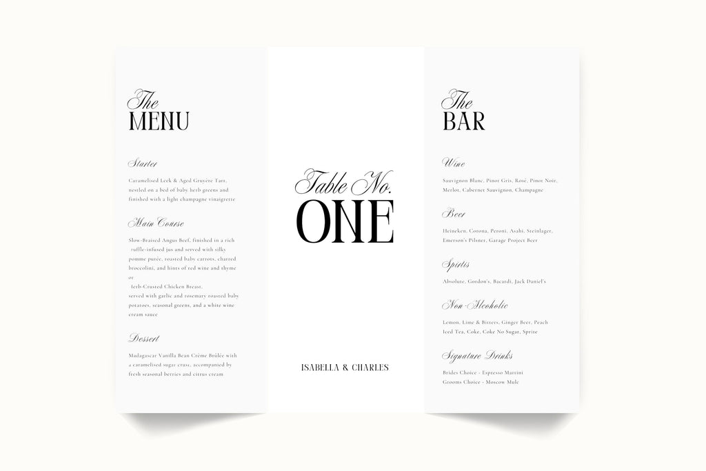 Flat lay of trifold wedding menu and bar template with table number, clean minimalist wedding stationery design, printable and editable Canva wedding table decor