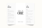 Flat lay of trifold wedding menu and bar template with table number, clean minimalist wedding stationery design, printable and editable Canva wedding table decor