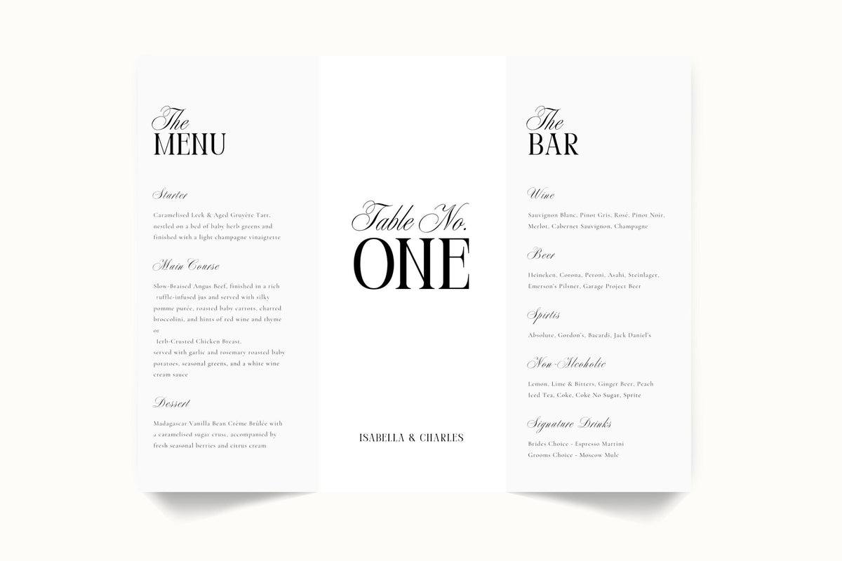 Flat lay of trifold wedding menu and bar template with table number, clean minimalist wedding stationery design, printable and editable Canva wedding table decor