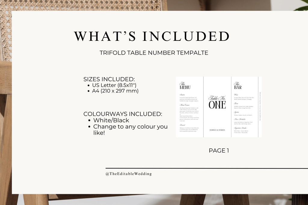What’s included overview showing trifold table number wedding menu template, sizes and layouts included, editable Canva wedding stationery bundle