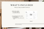 What’s included overview showing trifold table number wedding menu template, sizes and layouts included, editable Canva wedding stationery bundle
