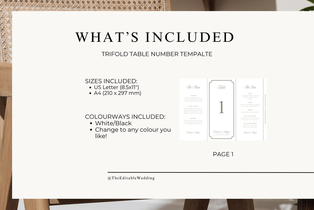 1. What’s included guide for the printable trifold wedding table number template, showing US Letter and A4 sizes, a three-panel design preview and information about customising the stationery colours.