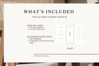 1. What’s included guide for the printable trifold wedding table number template, showing US Letter and A4 sizes, a three-panel design preview and information about customising the stationery colours.