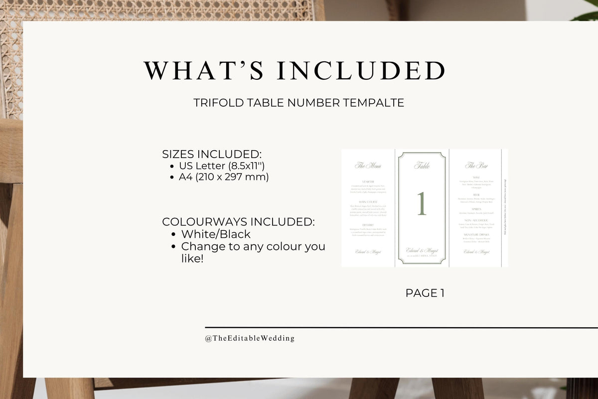 1. What’s included guide for the printable trifold wedding table number template, showing US Letter and A4 sizes, a three-panel design preview and information about customising the stationery colours.