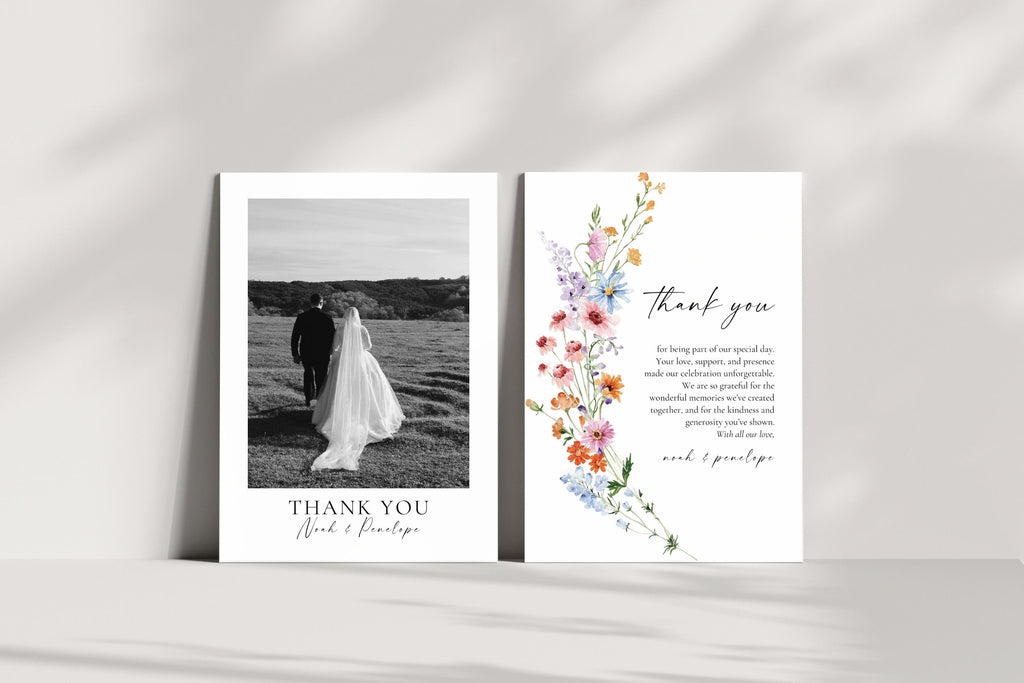 Wedding thank you card bundle with photo card and floral card, editable Canva wildflower thank you templates, printable boho chic stationery