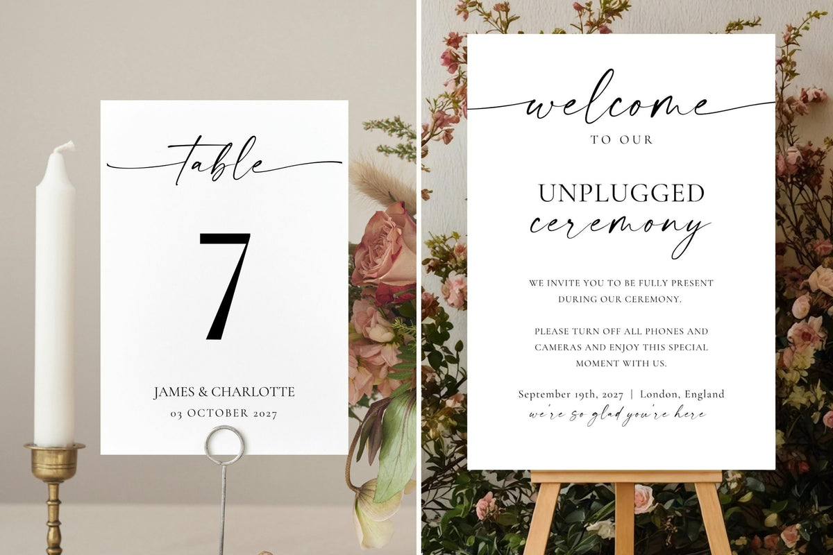 Modern unplugged ceremony sign and table number template for minimalist wedding ceremony signage