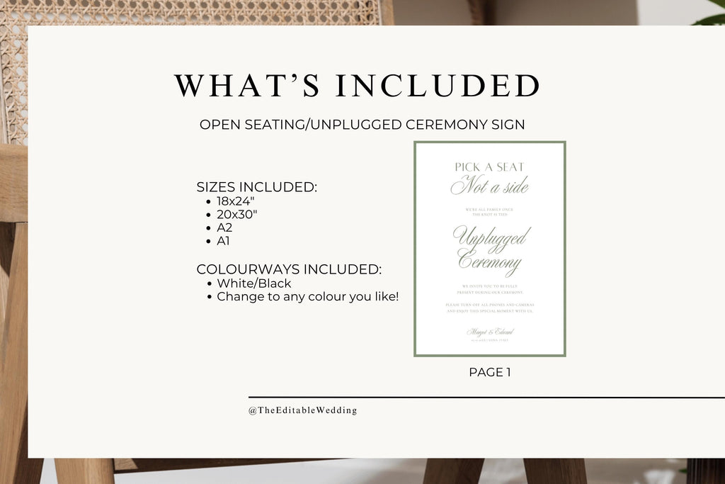 What’s included graphic for an editable open seating and unplugged ceremony wedding sign, showing the available sizes, colour options and a preview of the sage green design.