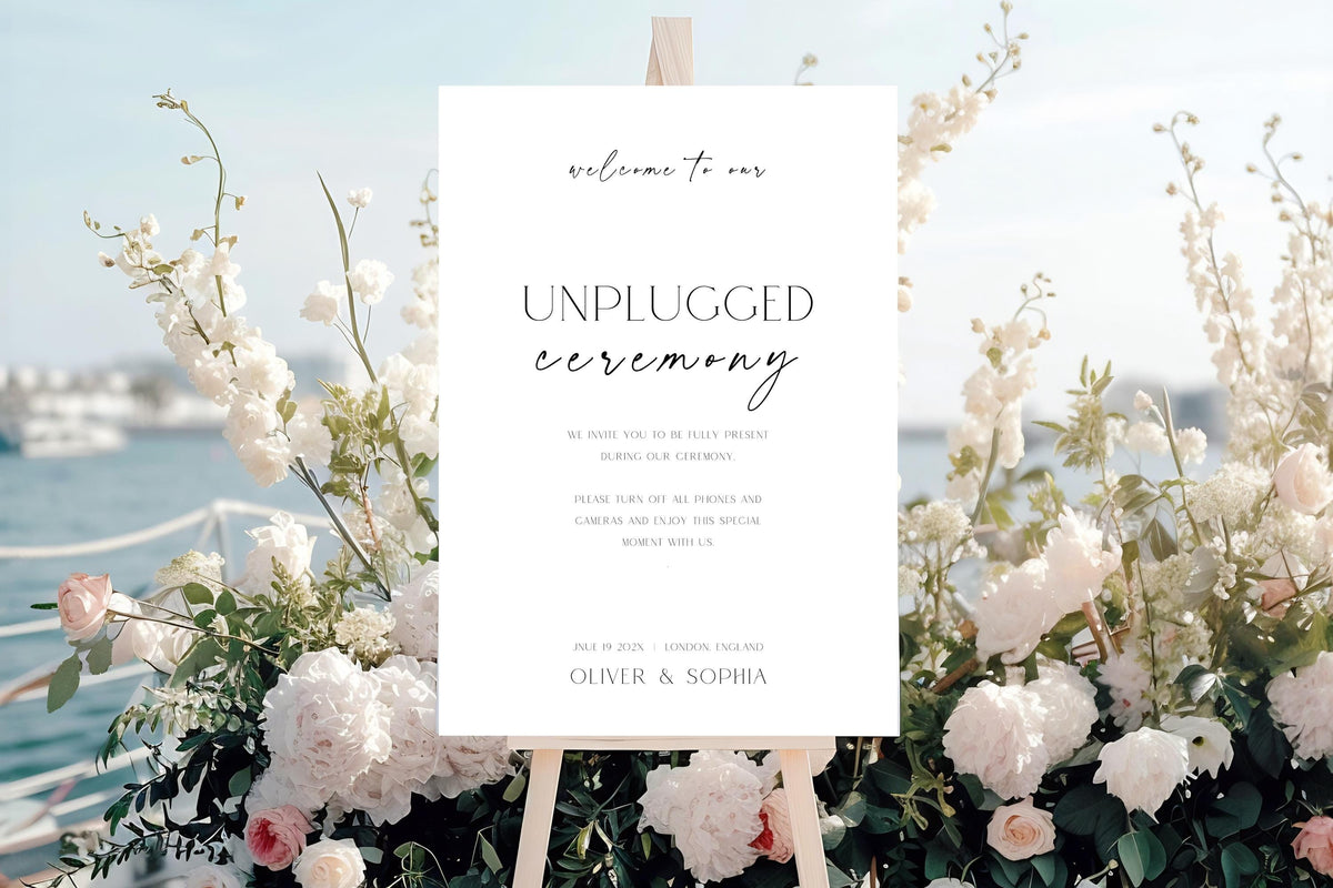 coastal wedding unplugged ceremony sign printable, beach wedding welcome sign template, light airy wedding signage, minimalist ceremony decor editable canva, seaside wedding sign mockup