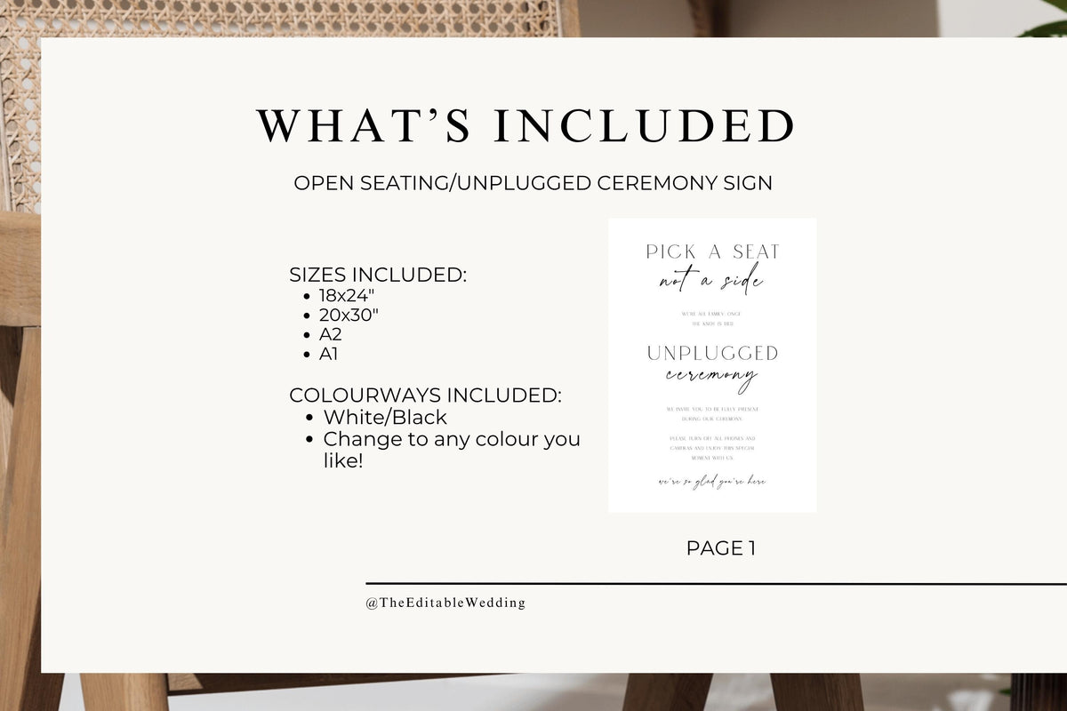 Unplugged ceremony sign template package details, editable Canva wedding sign, printable wedding ceremony signage, A1 wedding sign template included sizes, instant download minimalist wedding decor template