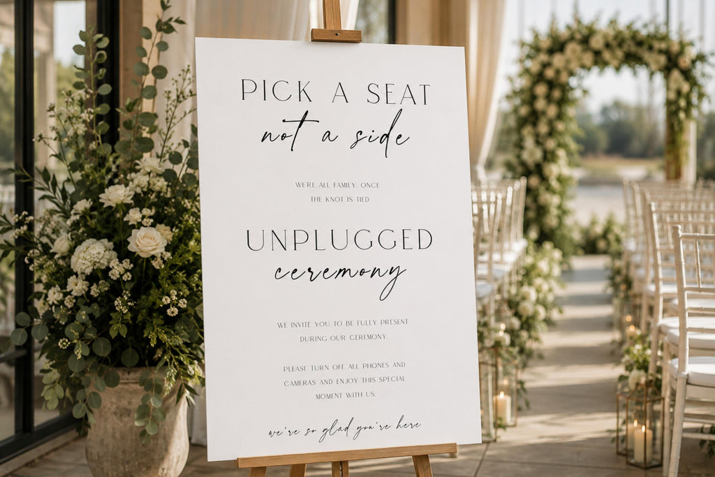 Unplugged ceremony wedding sign template displayed at ceremony entrance, pick a seat not a side wedding seating sign, editable Canva wedding signage, modern minimalist wedding decor printable, A1 ceremony welcome sign