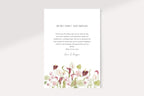 Floral wedding thank you card reverse with a dear family and friends heading, centred appreciation message and script names on white. Pink and white watercolour flowers create a romantic garden wedding stationery design.