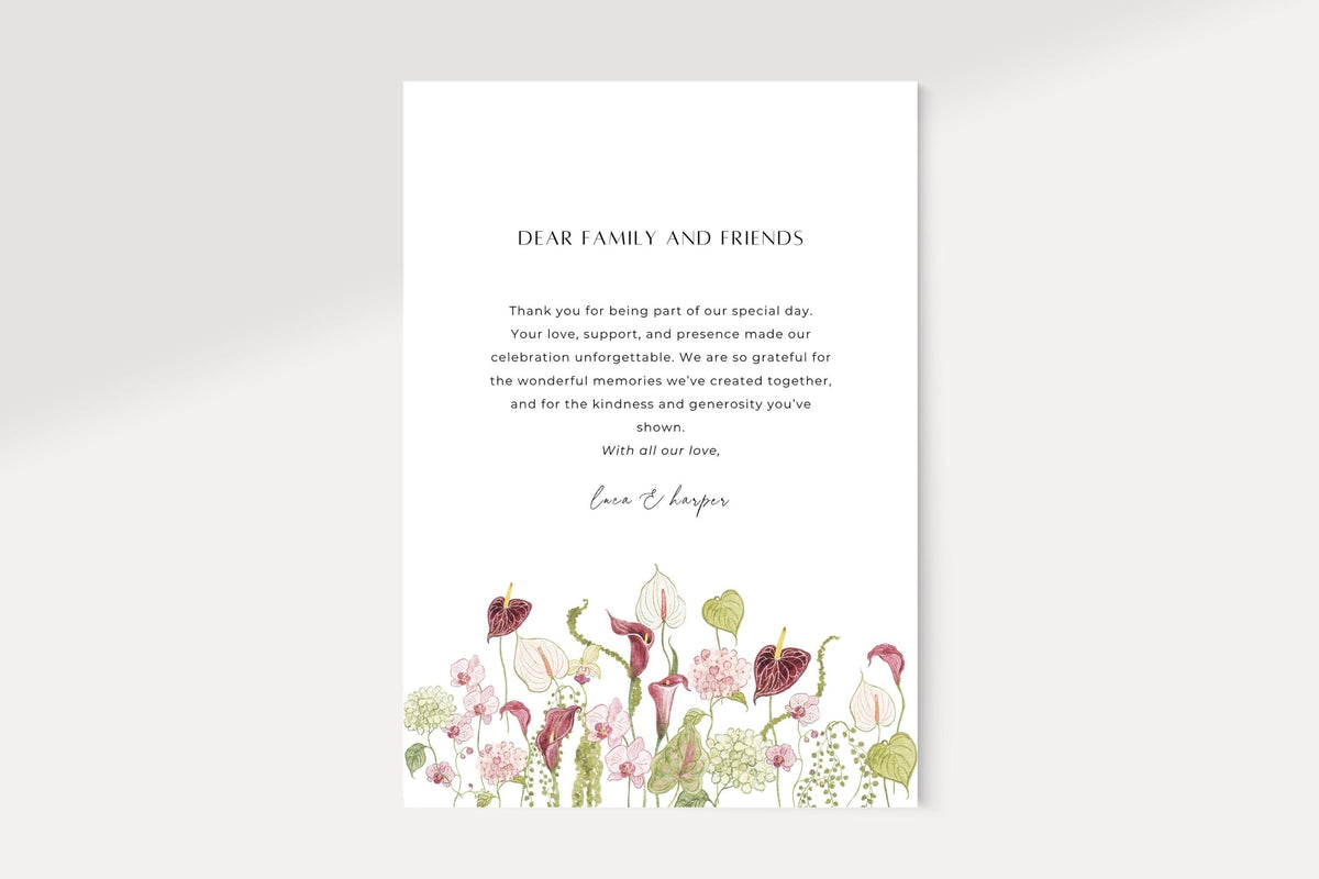 Floral wedding thank you card reverse with a dear family and friends heading, centred appreciation message and script names on white. Pink and white watercolour flowers create a romantic garden wedding stationery design.