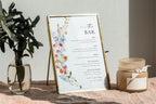 Framed modern wedding bar menu sign with watercolor wildflowers, minimalist printable bar menu for drinks and cocktails, editable Canva template
