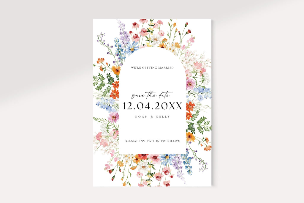 Wildflower Save the Date card with watercolor floral arch design, editable Canva wedding invitation template, printable boho chic wedding stationery