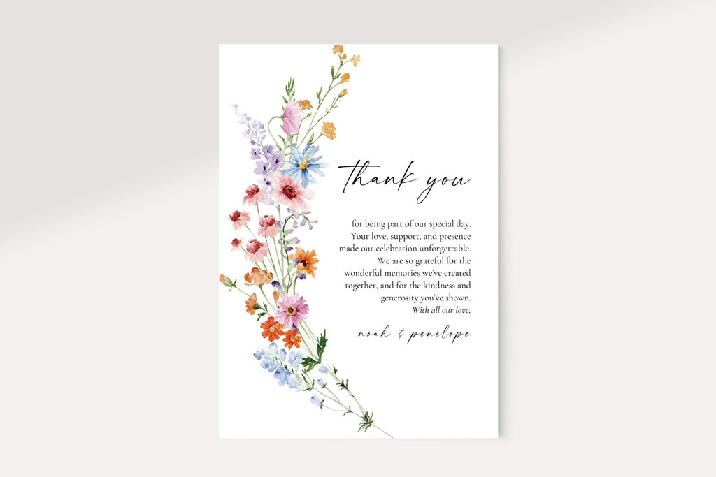 Floral wildflower wedding thank you card template, editable Canva design, printable boho chic wedding stationery download