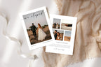 Modern we eloped announcement card template mockup, minimalist wedding photo card design, neutral beige fabric background, Canva editable elopement template for newlyweds